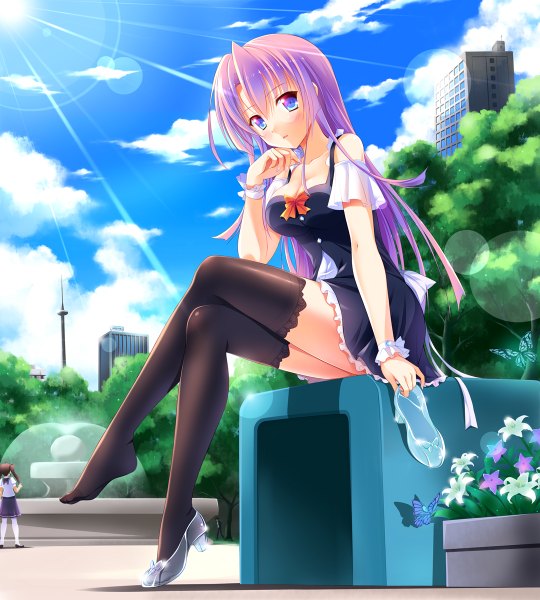 Anime picture 1080x1200 with original bashen chenyue single long hair tall image looking at viewer blush blue eyes sitting sky purple hair cloud (clouds) crossed legs girl thighhighs dress flower (flowers) black thighhighs insect butterfly