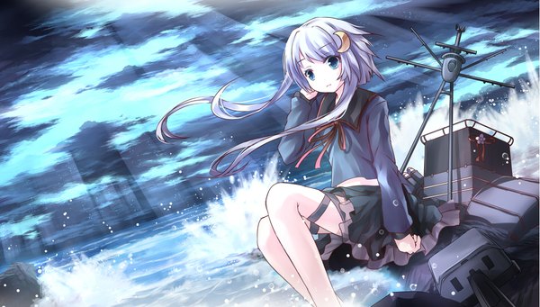 Anime picture 2205x1254 with kantai collection yayoi destroyer risutaru single long hair looking at viewer highres blue eyes wide image sitting purple hair adjusting hair light girl skirt ribbon (ribbons) miniskirt water belt sea