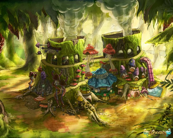 Anime picture 1280x1024 with dragonica online inscription smoke landscape plant (plants) tree (trees) water house mushroom (mushrooms)