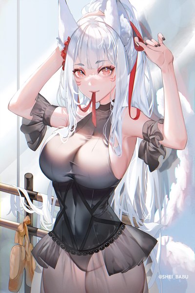 Anime picture 1667x2500 with virtual youtuber nijisanji nijisanji en nina kosaka shei99 single tall image looking at viewer breasts light erotic red eyes large breasts standing holding signed animal ears payot silver hair ponytail very long hair