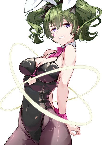 Anime picture 3307x4677 with sousou no frieren vocaloid rabbit hole (vocaloid) hatsune miku ubel (sousou no frieren) risumi (taka-fallcherryblossom) single tall image looking at viewer fringe highres short hair breasts light erotic simple background smile hair between eyes large breasts white background purple eyes