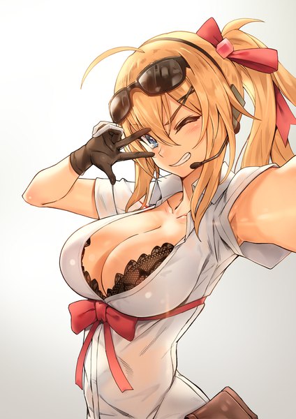 Anime picture 1000x1414 with girls frontline kalina (girls frontline) rainmaker single long hair tall image looking at viewer blush fringe breasts light erotic simple background blonde hair smile hair between eyes large breasts standing white background payot cleavage