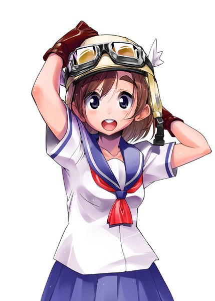 Anime picture 1000x1398 with bakuon!! sakura hane orimoto mimana single tall image looking at viewer blush fringe short hair open mouth simple background hair between eyes brown hair white background black eyes arms up teeth eyebrows hand on head goggles on head