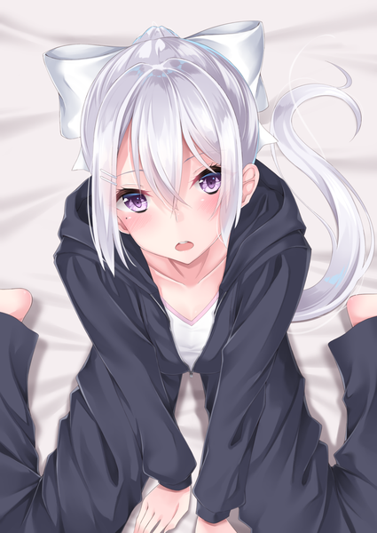 Anime picture 1000x1412 with virtual youtuber nijisanji higuchi kaede shikapiro single long hair tall image looking at viewer blush fringe open mouth hair between eyes sitting purple eyes payot silver hair ponytail from above mole mole under eye