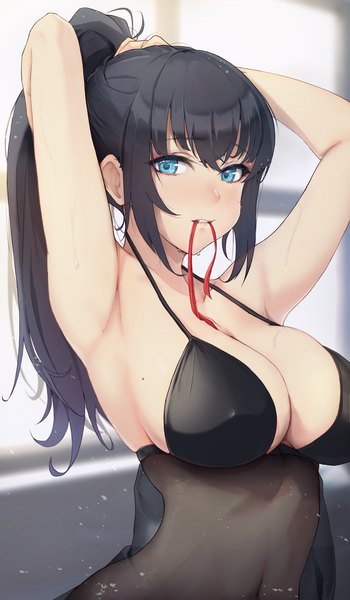 Anime picture 1736x2976 with original solar (happymonk) single long hair tall image looking at viewer blush fringe highres breasts blue eyes light erotic black hair hair between eyes large breasts standing holding payot upper body ponytail