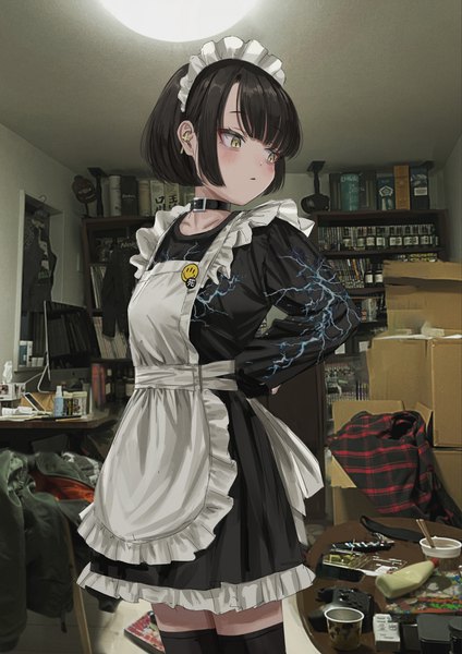 Anime picture 2894x4093 with original nadegata single tall image highres short hair black hair standing yellow eyes looking away indoors long sleeves parted lips hands behind back photo background girl thighhighs dress black thighhighs earrings