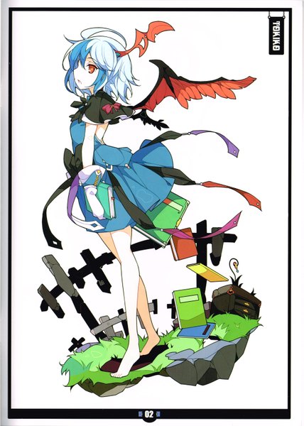 Anime picture 4346x6087 with touhou tokiko (touhou) ideolo single tall image highres short hair red eyes white background blue hair absurdres ahoge profile barefoot scan alternate costume character names head wings girl gloves