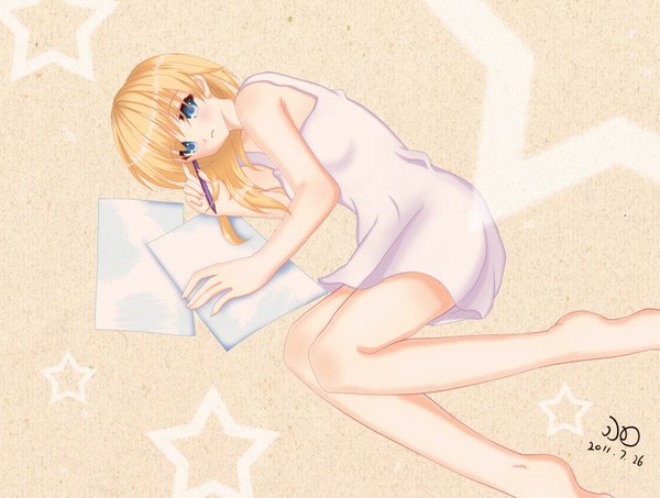 Anime picture 1693x1280 with kingdom hearts square enix namine aki663 single short hair blue eyes blonde hair barefoot girl sundress paper pen