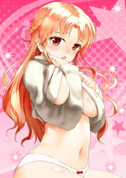 Anime picture 1200x1695 with kgo single long hair tall image blush open mouth light erotic red eyes orange hair half updo between breasts girl navel underwear panties star (symbol)