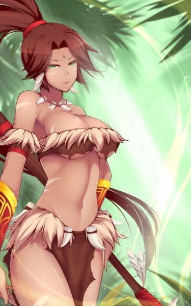 Anime picture 751x1200 with league of legends nidalee (league of legends) dean single tall image breasts light erotic brown hair large breasts green eyes ponytail very long hair girl navel necklace