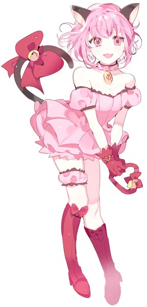 イラスト 745x1549 と 東京ミュウミュウ 株式会社ぴえろ momomiya ichigo mew ichigo ピヨ ソロ 長身像 前髪 短い髪 開いた口 simple background 白背景 肩出し 獣耳 looking away ピンク髪 全身 尻尾 :d animal tail