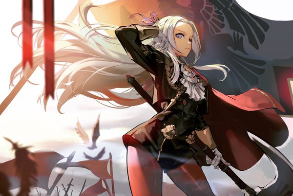 Anime picture 2048x1376 with fire emblem fire emblem: three houses nintendo edelgard von hresvelg james ghio single long hair looking at viewer highres standing purple eyes holding silver hair arm up wind girl gloves uniform ribbon (ribbons) weapon