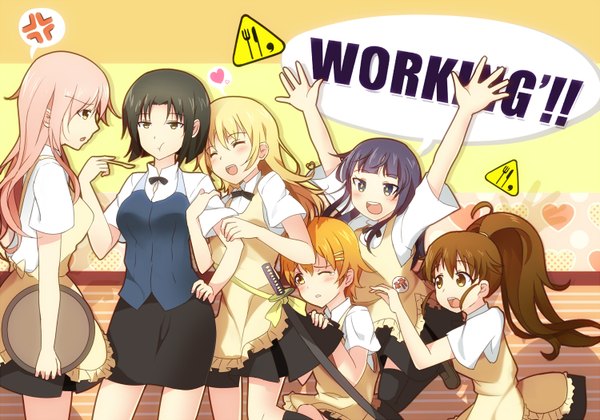 イラスト 1500x1052 と working!! a-1 pictures 山田葵 種島ぽぷら 伊波まひる 轟八千代 小鳥遊宗太 白藤杏子 長髪 赤面 短い髪 開いた口 黒髪 金髪 茶色の髪 multiple girls 茶目 ピンク髪 purple hair ポニーテール