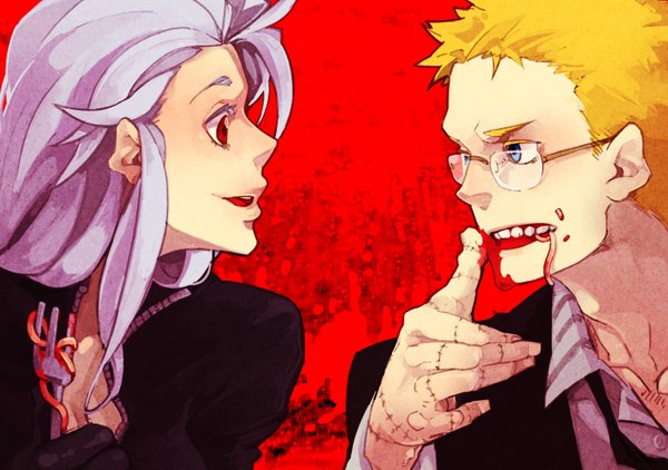 Anime picture 1500x1057 with dorohedoro mappa noi (dorohedoro) shin (dorohedoro) zorim (pixiv) short hair blue eyes blonde hair red eyes white hair profile teeth scar eating red background face to face girl boy glasses food
