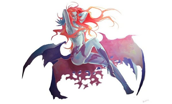 Anime picture 1040x630 with devil may cry nevan single light erotic wide image white background red hair armpit (armpits) demon girl arms behind head partial nude blue skin girl
