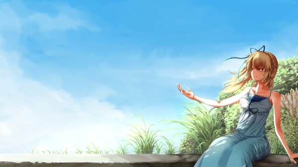Anime picture 1920x1080 with original whitefangroxell (artist) single long hair highres blonde hair wide image sitting bare shoulders sky cloud (clouds) light smile wind shadow orange eyes girl dress ribbon (ribbons) plant (plants) hair ribbon