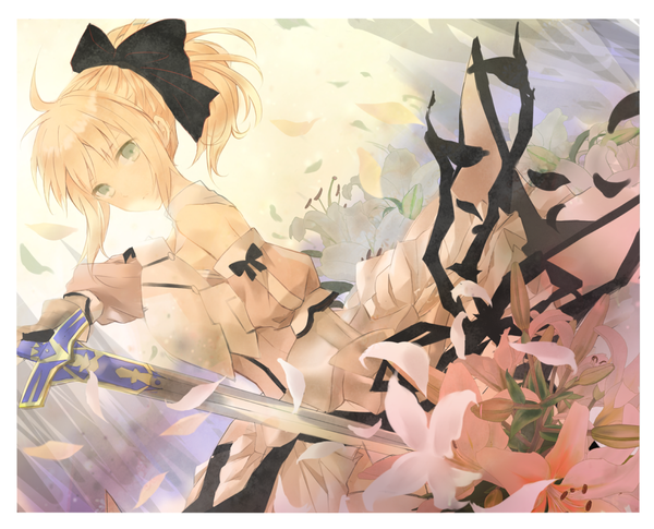 Anime picture 1050x850 with fate (series) fate/stay night type-moon artoria pendragon (all) saber fukuda935 single long hair looking at viewer fringe holding ahoge ponytail aqua eyes girl dress flower (flowers) weapon detached sleeves petals
