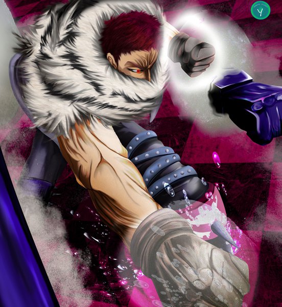 Anime picture 3150x3419 with one piece toei animation charlotte katakuri yameta studio single tall image highres short hair red eyes standing signed absurdres red hair fur trim smoke covered mouth spoilers aura vein (veins) boy