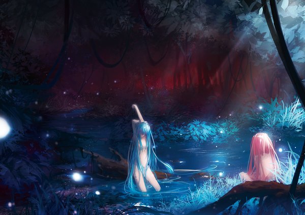 Anime picture 1447x1023 with vocaloid hatsune miku megurine luka urami (artist) long hair light erotic multiple girls blue hair pink hair nude from behind hair over eyes stretch girl 2 girls tree (trees) water forest fireflies