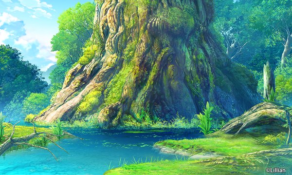 Anime picture 1024x614 with original ginnofude (takei) wide image sky cloud (clouds) no people landscape summer nature plant (plants) tree (trees) water grass forest