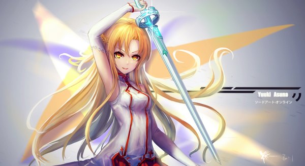 Anime picture 1684x920 with sword art online a-1 pictures yuuki asuna wangchuan de quanyan single long hair looking at viewer fringe breasts brown hair wide image standing yellow eyes braid (braids) light smile armpit (armpits) girl weapon detached sleeves sword