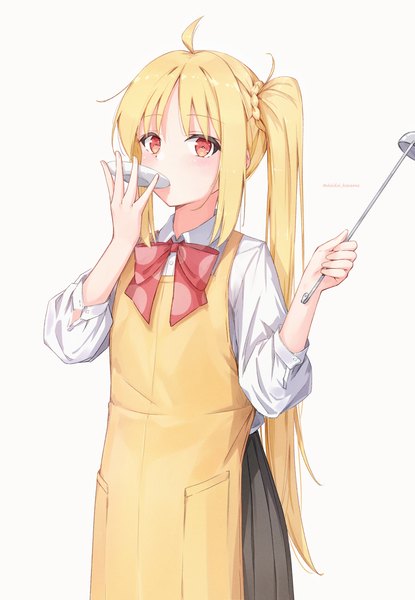 Anime picture 2832x4093 with bocchi the rock! cloverworks ijichi nijika daidai (daidai826) single long hair tall image highres simple background blonde hair red eyes standing white background payot ahoge side ponytail drinking girl apron ladle