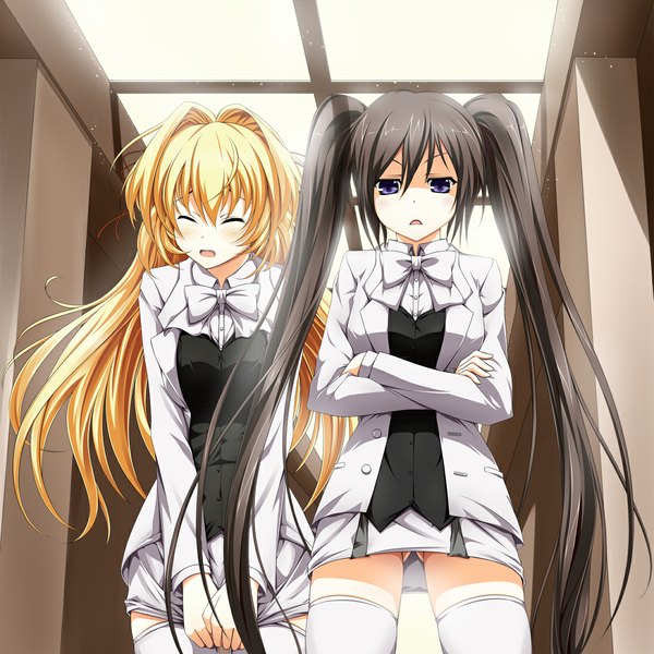 Anime picture 1096x1096 with pandora hearts xebec alice (pandora hearts) ada vessalius nekoro light erotic black hair blonde hair standing purple eyes twintails multiple girls ass visible through thighs crossed arms girl thighhighs uniform 2 girls school uniform white thighhighs