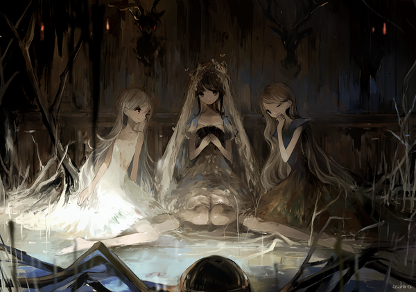 Anime picture 960x676 with original asahiro long hair looking at viewer red eyes brown hair sitting multiple girls brown eyes signed silver hair one eye closed barefoot wink bare legs girl dress plant (plants) white dress black dress