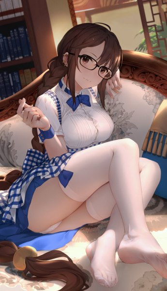 Anime picture 922x1600 with fate (series) fate/grand order yu mei-ren (fate) yijian ma single tall image looking at viewer blush fringe breasts light erotic hair between eyes brown hair large breasts sitting brown eyes payot ass indoors braid (braids)