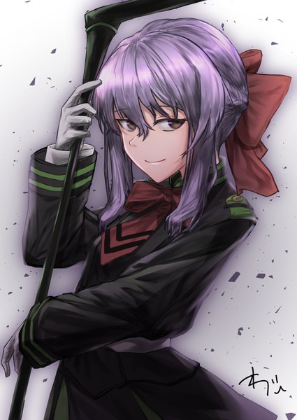 Anime picture 2508x3541 with owari no seraph wit studio hiiragi shinoa oregano (olgn eao) single long hair tall image looking at viewer fringe highres simple background smile hair between eyes standing white background holding brown eyes signed payot purple hair