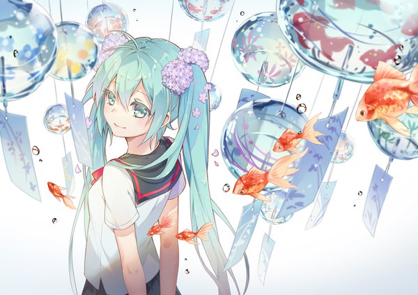 Anime picture 1400x990 with vocaloid hatsune miku ouu min single long hair looking at viewer fringe hair between eyes twintails ahoge aqua eyes from above light smile aqua hair hands behind back girl uniform animal serafuku bubble (bubbles)