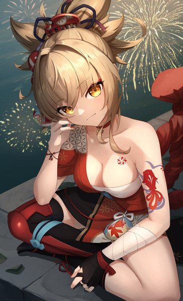 Anime picture 3480x5720 with genshin impact yoimiya (genshin impact) tatty single tall image looking at viewer fringe highres short hair breasts light erotic blonde hair hair between eyes large breasts sitting yellow eyes absurdres cleavage nail polish traditional clothes