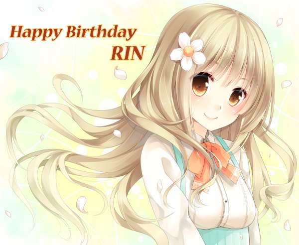Anime picture 1200x985 with original hatachi single long hair looking at viewer blonde hair smile yellow eyes hair flower happy birthday girl hair ornament petals