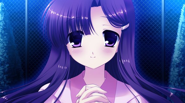 Anime picture 1024x576 with nekoguri (game) long hair blush wide image purple eyes game cg purple hair girl serafuku