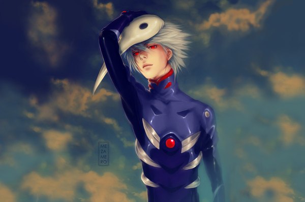 Anime picture 1587x1053 with neon genesis evangelion gainax nagisa kaworu mezamero single short hair red eyes sky cloud (clouds) white hair grey hair realistic mask on head boy mask pilot suit