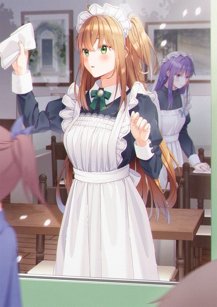 Anime picture 870x1230 with original unjem long hair tall image blush fringe short hair breasts open mouth blue eyes hair between eyes brown hair standing multiple girls holding green eyes looking away purple hair indoors long sleeves