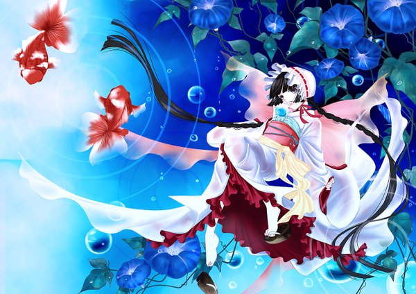 Anime picture 1527x1080 with original hatoyama single long hair black hair braid (braids) traditional clothes japanese clothes black eyes girl flower (flowers) obi bonnet bubble (bubbles) fish (fishes) morning glory