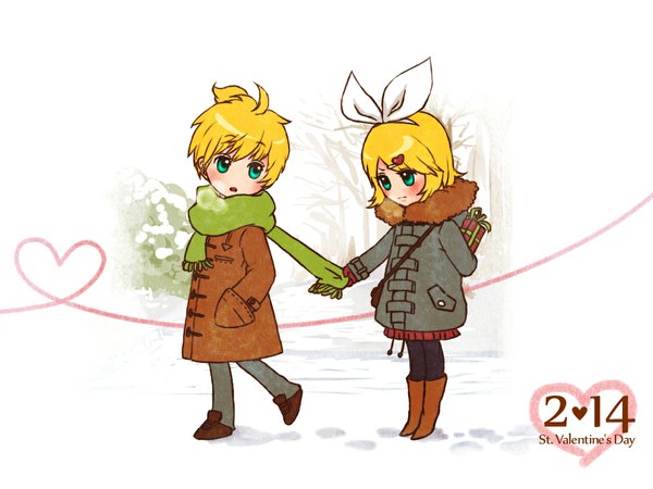 Anime picture 1024x768 with vocaloid kagamine rin kagamine len valentine heart of string girl heart