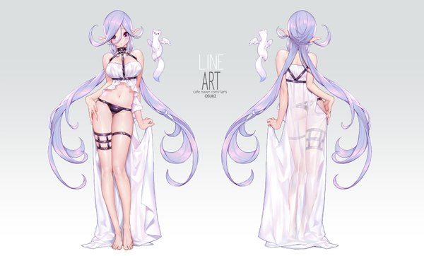 Anime picture 1789x1080 with original soo kyung oh single fringe highres breasts light erotic simple background red eyes wide image standing twintails holding purple hair bent knee (knees) ass very long hair barefoot pointy ears from behind