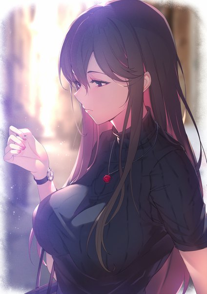 Anime picture 1413x2000 with granblue fantasy rosetta (granblue fantasy) kakage single long hair tall image fringe hair between eyes brown hair purple eyes payot upper body nail polish profile multicolored hair fingernails two-tone hair short sleeves alternate costume looking down