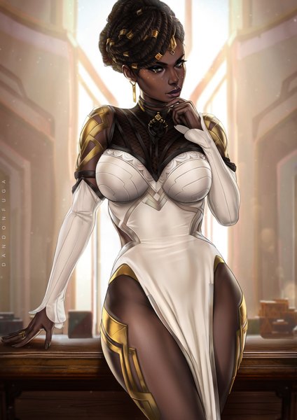 Anime picture 3508x4961 with league of legends mel medarda dandon fuga single tall image looking at viewer fringe highres short hair breasts light erotic black hair large breasts standing green eyes absurdres fingernails lips realistic dark skin
