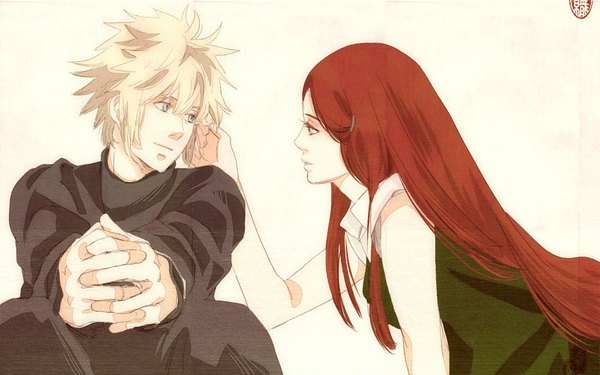 Anime picture 1000x625 with naruto studio pierrot naruto (series) namikaze minato uzumaki kushina tagme (artist) long hair fringe short hair blonde hair sitting red hair light smile couple adjusting hair face to face eye contact jinchuriki hokage girl