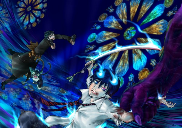 Anime picture 1753x1240 with ao no exorcist a-1 pictures okumura rin okumura yukio nii (ao no exorcist) c2 (c25533) looking at viewer highres short hair blue eyes black hair pointy ears multiple boys glowing demon boy weapon sword glasses necktie