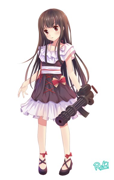 Anime picture 1000x1577 with original reki (lichk) single long hair tall image blush black hair simple background red eyes white background girl dress bow weapon gun