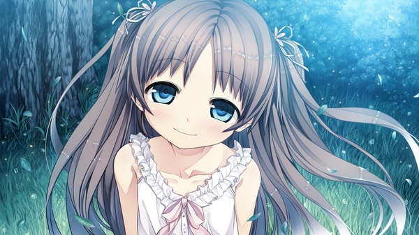 Anime picture 2560x1440 with monobeno sawai natsuha cura single long hair looking at viewer blush highres blue eyes smile brown hair wide image twintails game cg loli girl leaf (leaves) sundress