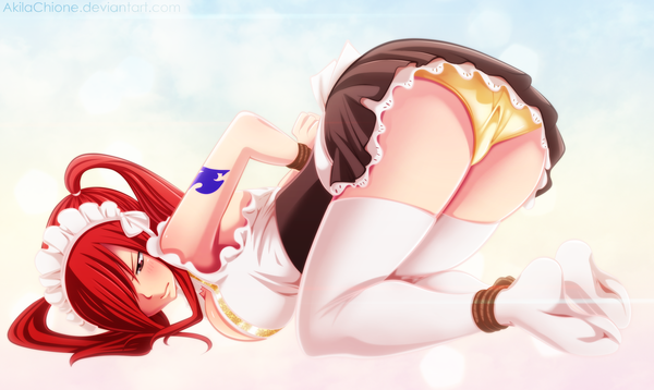 Anime picture 2500x1495 with fairy tail erza scarlet akilachione single long hair blush fringe highres breasts light erotic wide image large breasts twintails brown eyes red hair hair over one eye maid tattoo kneeling coloring