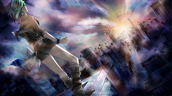 Anime picture 2000x1125 with vocaloid gumi tyouya single highres short hair wide image green hair from behind sunlight city girl shorts boots bracelet building (buildings)