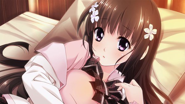 Anime picture 1280x720 with gimai dakara dekiru koto imouto janai to dame na koto takatou iori tita j single looking at viewer blush breasts open mouth black hair wide image large breasts game cg hair flower black eyes girl hair ornament pillow bed