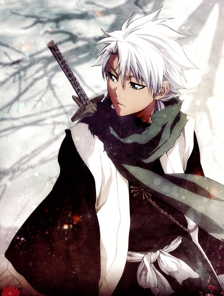 Anime picture 3255x4309 with bleach studio pierrot hitsugaya toushirou single tall image highres short hair absurdres white hair traditional clothes aqua eyes grey eyes snowing winter snow boy plant (plants) sword tree (trees) scarf