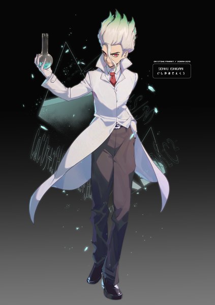 Anime picture 2039x2894 with dr. stone ishigami senkuu doran7280 single tall image looking at viewer fringe highres short hair simple background hair between eyes red eyes holding silver hair full body character names gradient background gradient hair hand in pocket spiked hair